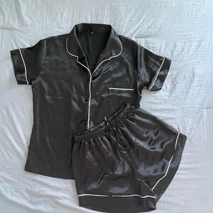 Women's Black Satin Short Sleeve Pajama Set with White Piping